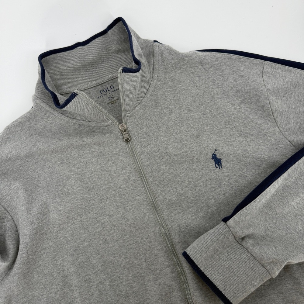 Polo Ralph Lauren Men Gray Full Zip Track Jacket XL Navy Stripe Cotton RN41381